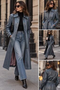 Vintage 24K Dan Di Modes Blue Leather Trench Coat Belted 70s Retro SZ Small